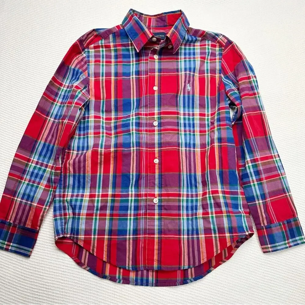 Ralph Lauren Natural Stretch Plaid Button Down Boys Size 7